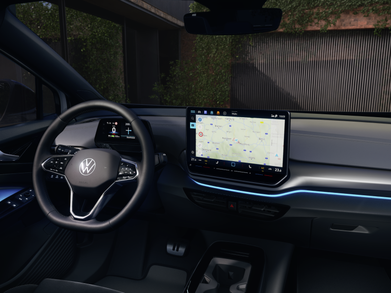 ID.4 Autohaus Burkard Innenraum im bunkeln Ambinentebeleuchtung Cockpit
