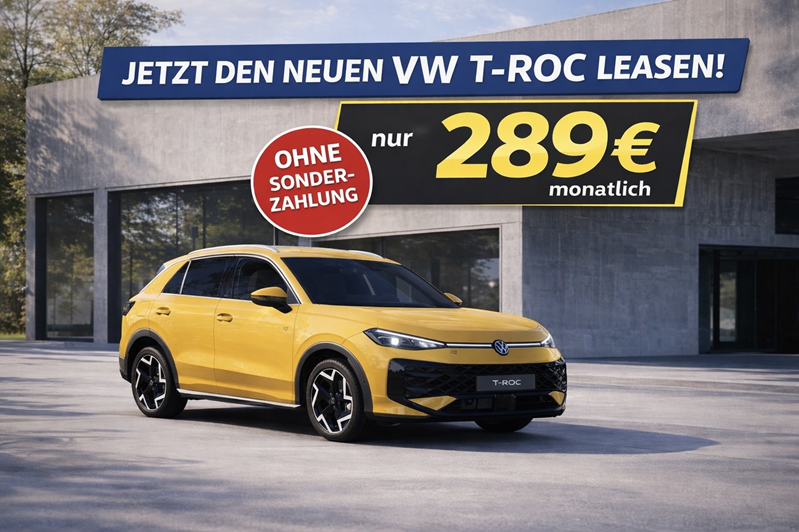 Der VW T-Roc in Gelb vor einem Weltall-Hintergrund