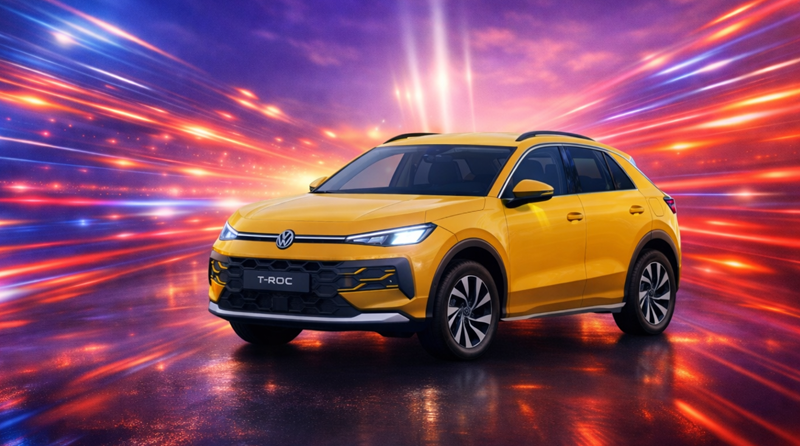 Der VW T-Roc in Gelb vor einem Weltall-Hintergrund