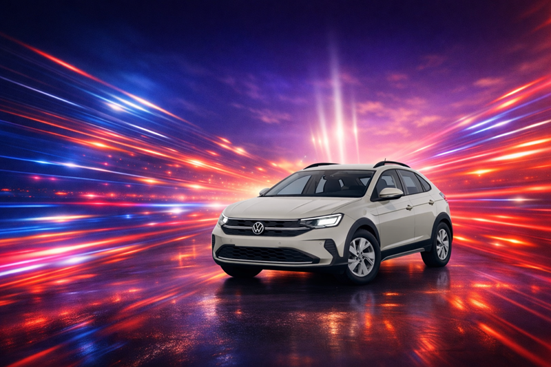 Der VW Taigo, im Hintergrung ist eine Weltallabbildung