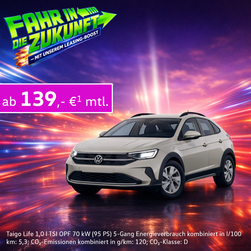 Der VW Taigo mit Logo und 139 € mtl Banner