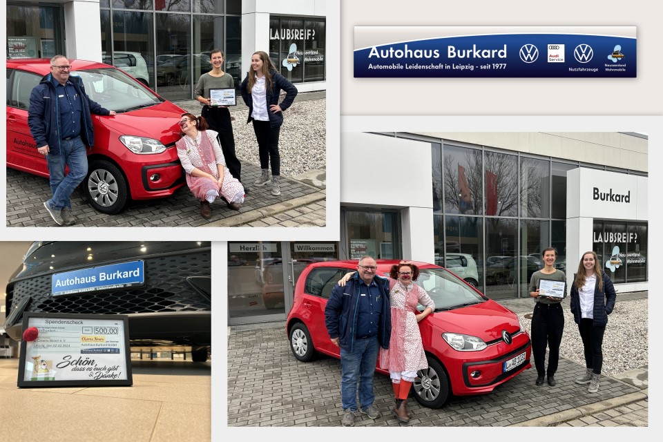 Der Clownsnasen e. V. mit einem VW up vor unserem Autohaus Burkard