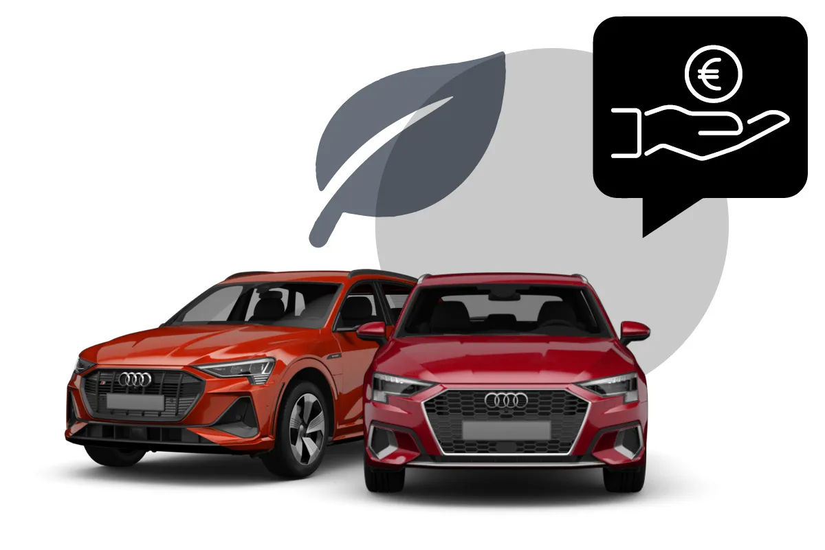 Zwe rote Audi mit einem Hand Icon, die ein Eurozeichen auf der Handfläche trägt im Hintergrund